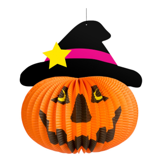 Halloween kellék, tökös lampion | kalapban | akasztható | 26cm 58137B